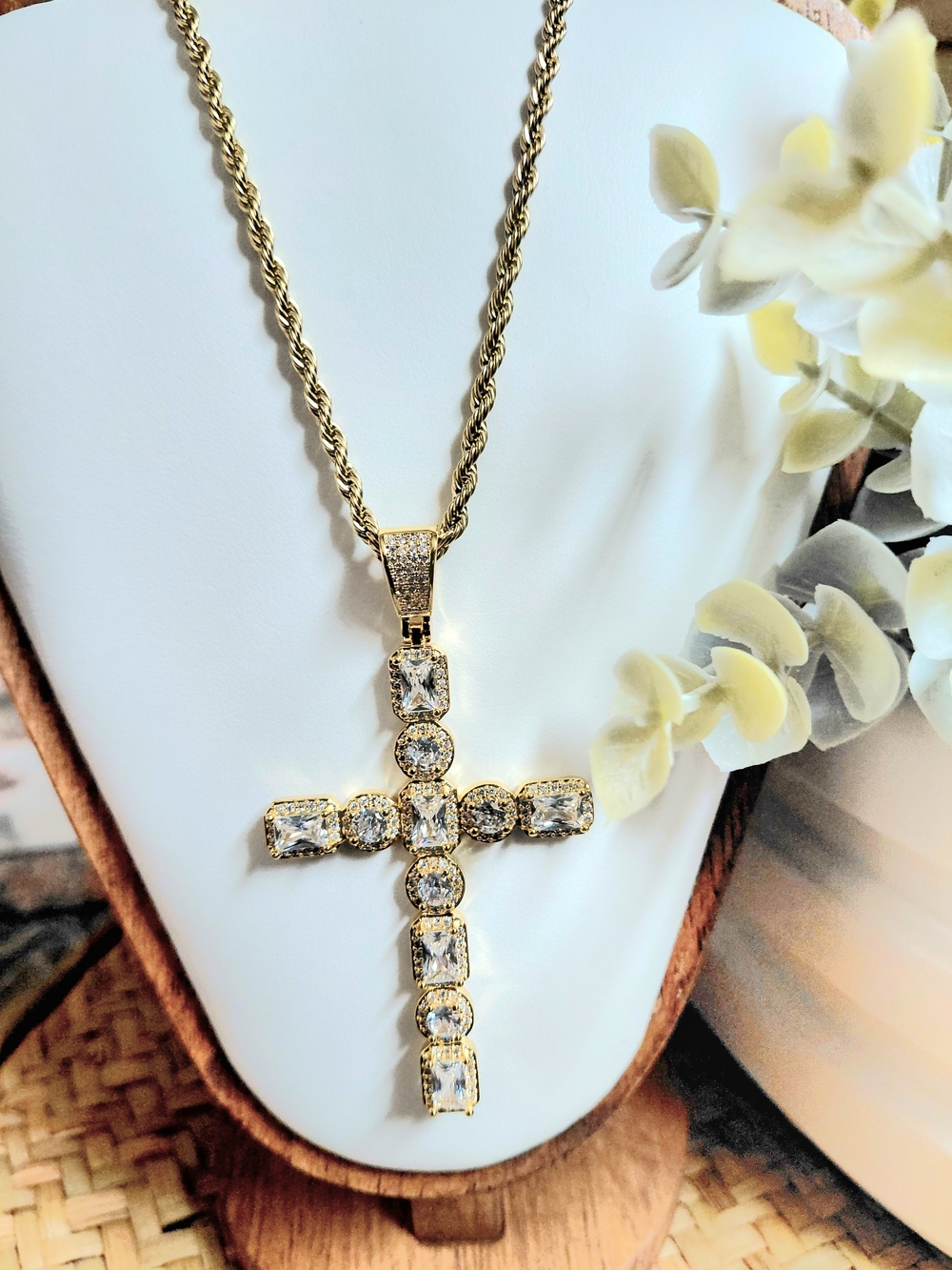 Gold Cross Pendant Necklace with Clear Gemstones